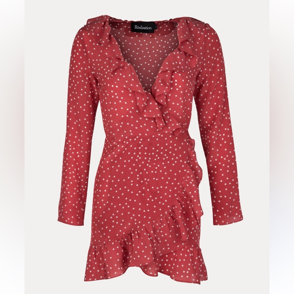 Realisation Par Red Star Print Long Sleeve Dress 100%Silk